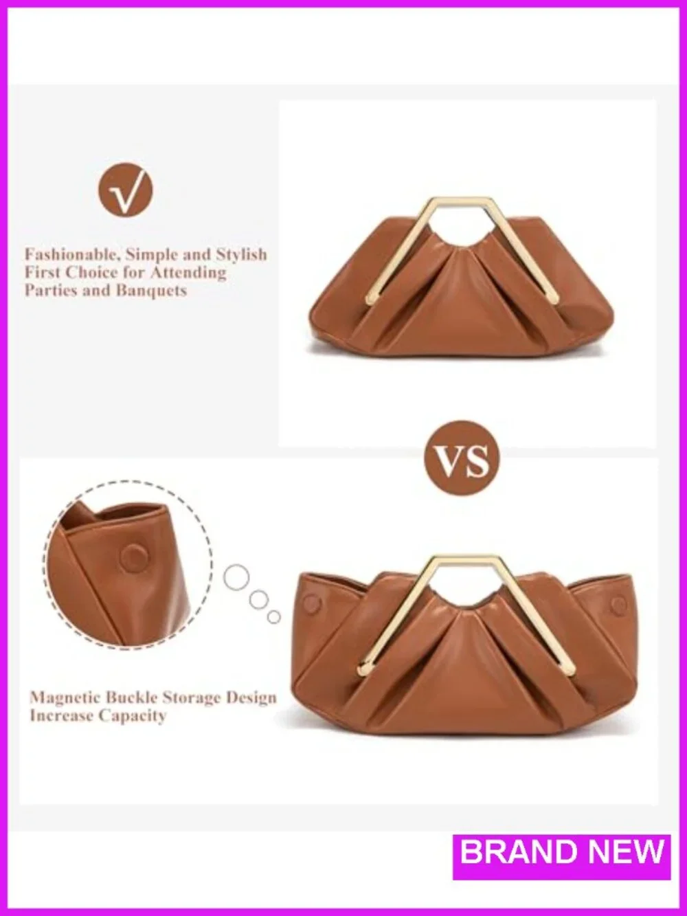 Vegan Leather Ruched Clutch Purse Evening Bag Magnetic Snap